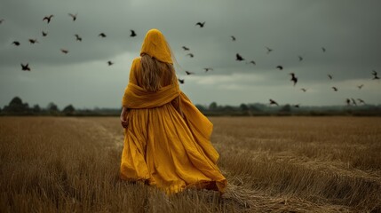 Woman in yellow dress stands in field with birds flying against cloudy sky.