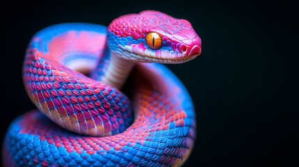 Vibrant pink and blue snake coiled, isolated on black background.