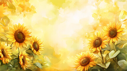 Yellow sunflowers frame the background in a watercolor painting. Abstract floral background with empty space.