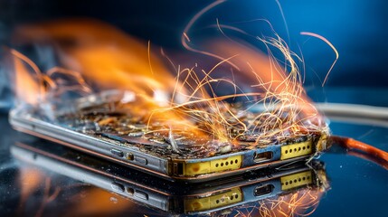 Smartphone on fire due to old battery damage from charging, showing flames and smoke rising from device, highlighting risks of battery failure, overheating, and electronic hazards in modern technology