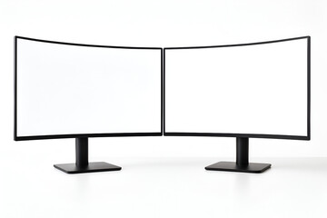 Dual Curved Monitors with Black Frames and Stands Displaying Blank White Screens.