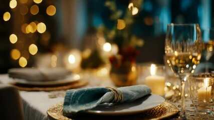 Elegant festive table setting with a glass of champagne, candles and garlands creating a cozy atmosphere. Festive mood: a table set for a gala dinner with wine, twinkling lights and exquisite details.