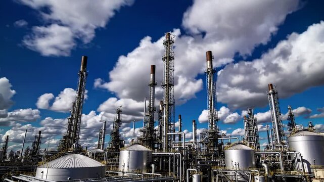 Petrochemical refinery complex under daytime cloudscape representing industrial power, climate pressure, and economic reliance on fossil fuels in modern energy infrastructure