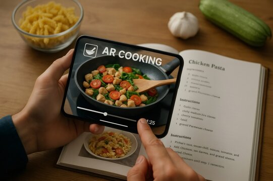 Chef learning how to cook chicken pasta using augmented reality app on tablet, following recipe from cookbook with ingredients on kitchen table