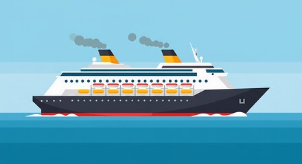 A vibrant illustration of a large, modern cruise liner with two smoking funnels and rows of lifeboats, sailing smoothly across the deep blue open sea.