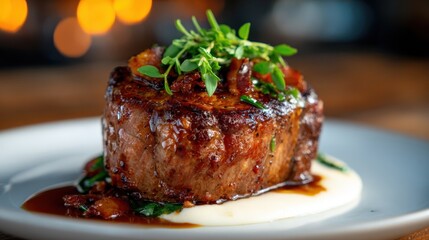 This image showcases a beautifully cooked fillet steak, topped with fresh herbs and served over a creamy purée, highlighting culinary artistry and fine dining aesthetics.