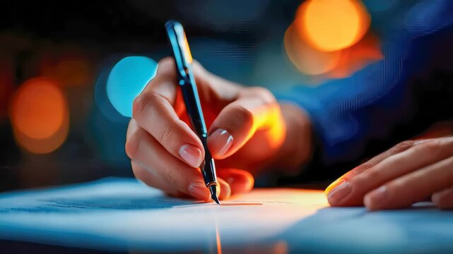 Close-up of a professionals hand signing a paper with a silver ballpoint pen in a corporate setting