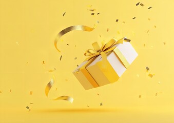 3D Render of Open Gift Box Flying with Golden Ribbon and Bow on Yellow Background Symbolizing Surprise and Celebration