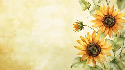 Yellow sunflowers with green and yellow gradient watercolor painting background. Abstract floral background with empty space.