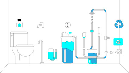  Dual Flush Toilet and Greywater Pipes – Line Art Icon Set ,vector illustration of a glass of water with a bottle