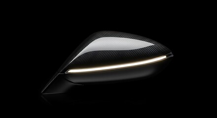 A detailed studio shot of a sleek car wing mirror, crafted from high-gloss carbon fiber and featuring an illuminated LED turn signal indicator. 