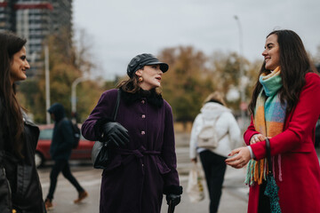 A group of women socializing outside on a cloudy day, showcasing urban life and friendly...