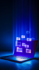 Laptop screen a bright digital blue light is emerging, inside the light flow various files, and folder icons appear glowing and slightly floating in the beam,