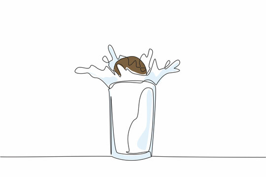 Single one line drawing oatmeal cookies are put into a glass of milk and form a splash. Delicious and healthy breakfast. Diet. National Oatmeal Cookie Day. Continuous line design graphic illustration