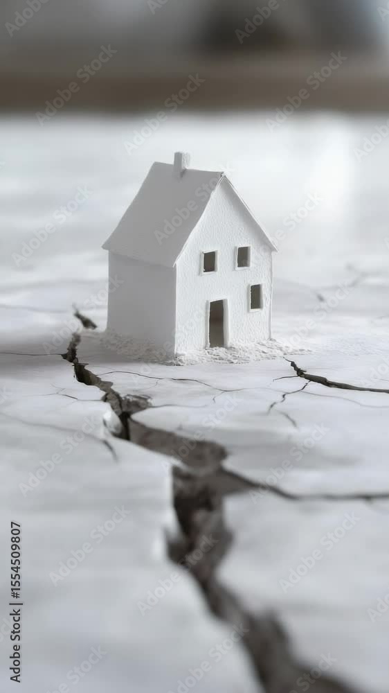 Poster ground cracks are appearing beneath a miniature white house, simulating the devastating effects of a