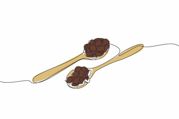 Continuous one line drawing raisins on two wooden spoons. Dry snack. Can also be used as topping on bread. Unique and refreshing taste. National Raisin Day. Single line draw design vector illustration