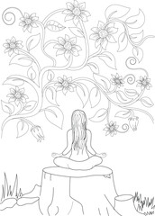 Tranquil Line Art of a Woman Meditating in Lotus Position Amidst Flourishing Flowers, Promoting Peace, Wellness, and Nature Connection.