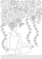 Tranquil woman meditating in lotus pose, surrounded by an abundance of flowing floral patterns and swirling vines, ideal for mindfulness coloring book pages and relaxation concepts.