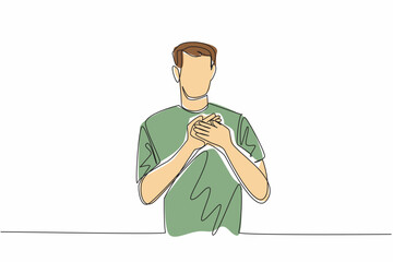 Single one line drawing man poses with crossed palms on left chest. The deepest gratitude. A pleasant positive gesture. Grateful. National Honesty Day. Continuous line design graphic illustration