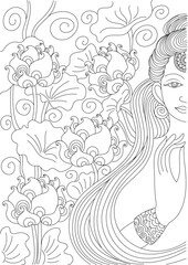 Intricate black and white line drawing of a serene meditating figure amidst elegant lotus blooms, evoking tranquility and spiritual calm.