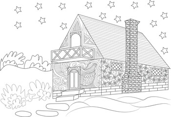 Intricate line art of a medieval house for coloring. Features a charming balcony, detailed chimney, and whimsical stars. Ideal for relaxation.
