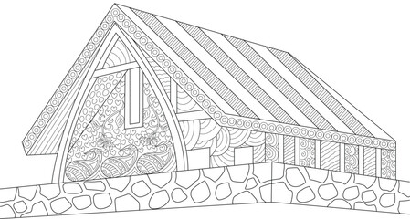 Abstract Stylized House Line Art with Intricate Zen Doodle Patterns. Black and White Illustration Ideal for Adult Coloring and Relaxation.