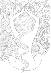 Mindful Meditation and Relaxation Art for Coloring Books: Detailed Line Art of a Person in Yoga Pose with Intricate Floral Mandala Background for Stress Relief and Zen Practice
