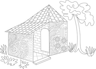 Intricate Medieval Style House with Ornate Patterns and Tiled Roof, Ideal for Adult Coloring Books, Relaxation, and Creative Artistic Projects - Line Art Illustration for Digital and Print Use.