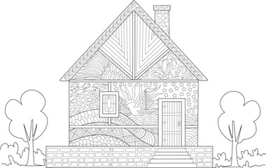 Intricate Line Art House with Abstract Patterns. Detailed Zentangle Style Building for Coloring Books, Creative Projects, or Decorative Backgrounds. Hand-Drawn Architectural Doodle.