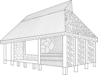 Intricate Line Art Illustration of a Traditional House on Stilts with Elaborate Patterns for Coloring Books, Adult Relaxing Activities, and Creative Design Projects