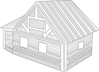 Intricate Decorative House Line Art Illustration with Zentangle-Inspired Patterns, Ideal for Adult Coloring Books and Mindful Art Activities, Featuring Ornate Architectural Details