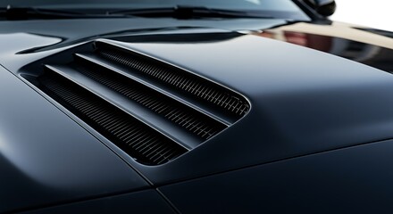A sleek, detailed close-up of a functional air intake vent on the hood of a modern, high-performance car. 