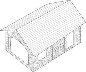 Intricate Medieval House Line Art with Abstract Patterns. Detailed Black and White Illustration for Coloring Books & Design.
