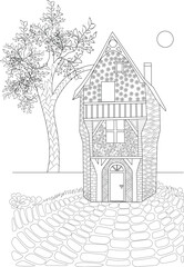 Black and white outline drawing of a whimsical medieval-style house with a tree and path, ideal for adult and children's coloring.