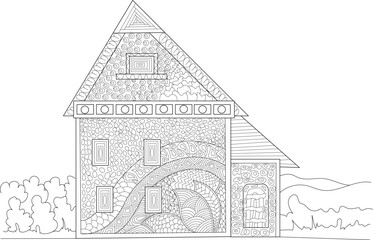 Ornate House Illustration with Zentangle-Inspired Patterns, Black and White Line Art for Creative Coloring and Mindfulness.