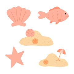 Pastel Beach Vector with Shell, Pink Fish, Sand Dunes, Starfish, Umbrella, Pebbles - Cute Art