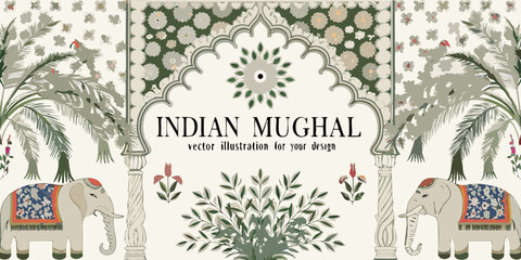Indian mughal architectural archway with elephants palm trees and floral motifs vector illustration