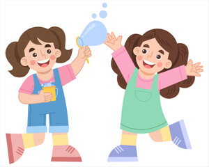Illustration of cheerful little girl playing with bubbles