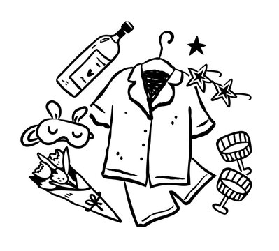 Sleepover party doodle clipart isolated, girls night line art