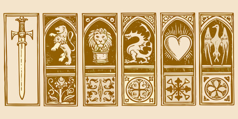 Medieval heraldic symbols featuring sword lion dragon heart phoenix and ornate borders