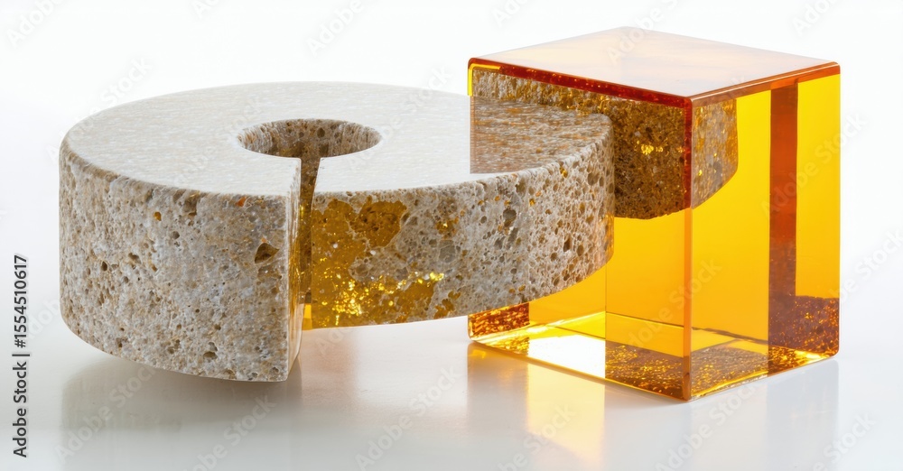 Aufkleber Abstract sculpture. Stone cylinder intersects amber cube. Light plays within textured materials, creating visual interest. Minimalist composition.