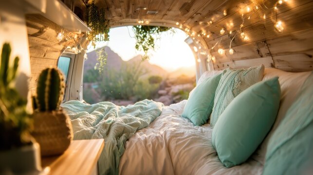 This serene image showcases a cozy bedroom inside a vintage camper van, adorned with soft pillows and fairy lights, highlighting comfort and a wanderer's spirit.