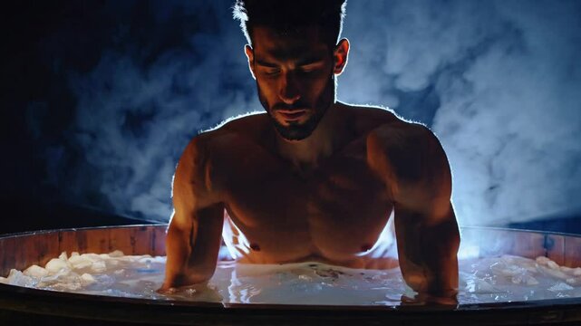 man immersed in steaming ice bath under dramatic lighting, representing mental resilience, cold exposure therapy, biohacking rituals, peak performance, and extreme commitment