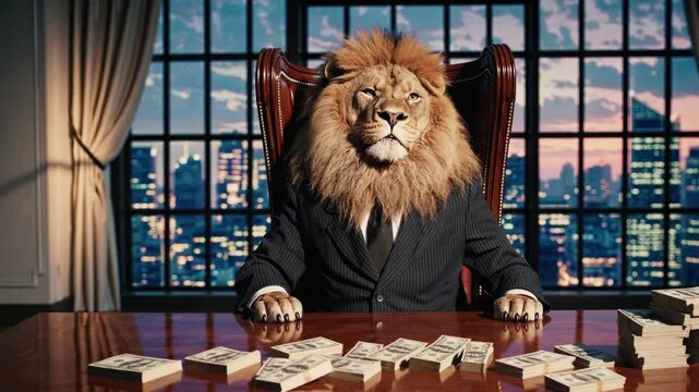 Business executive with lion head seated at skyscraper office desk stacked with cash overlooking city skyline at dusk, symbolizing capitalist dominance, primal leadership, corporate power