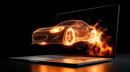 Modern laptop displaying a 3D wireframe hologram of a neon sports car dramatically bursting out of the screen, isolated against a dark black background