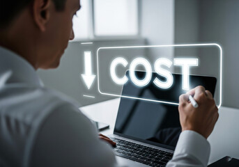 businessman reduces cost on a laptop screen