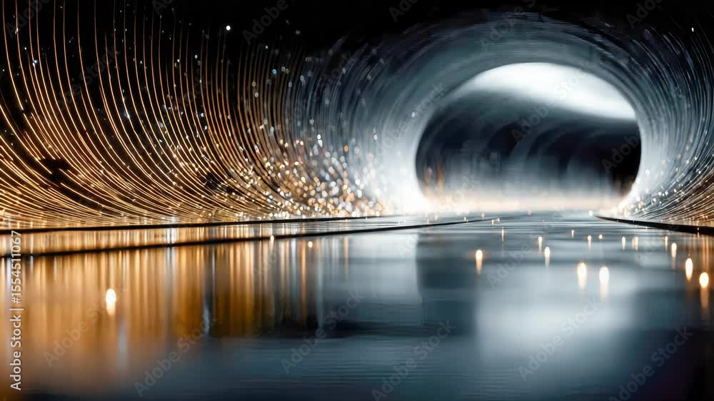 Poster shimmering fiber optic tunnel with glowing data points forming a surreal digital vortex