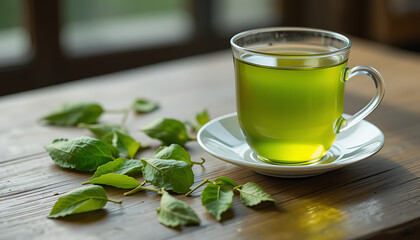A glass of green herbal tea with leaves scattered nearby, 4K and HD image