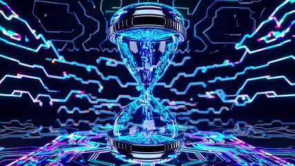 Futuristic neon hourglass floating in digital cyber grid environment, symbolizing concept of time, artificial intelligence, virtual reality, data processing, and high-tech simulation in sci-fi setting - Powered by Adobe