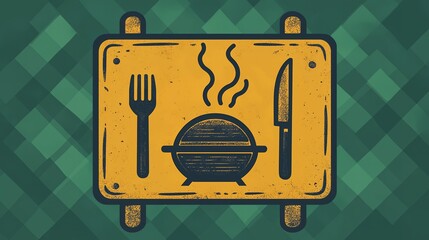 Distressed Football BBQ Sign: Grain-Textured Yellow Board with Grill, Utensil Cutouts  
